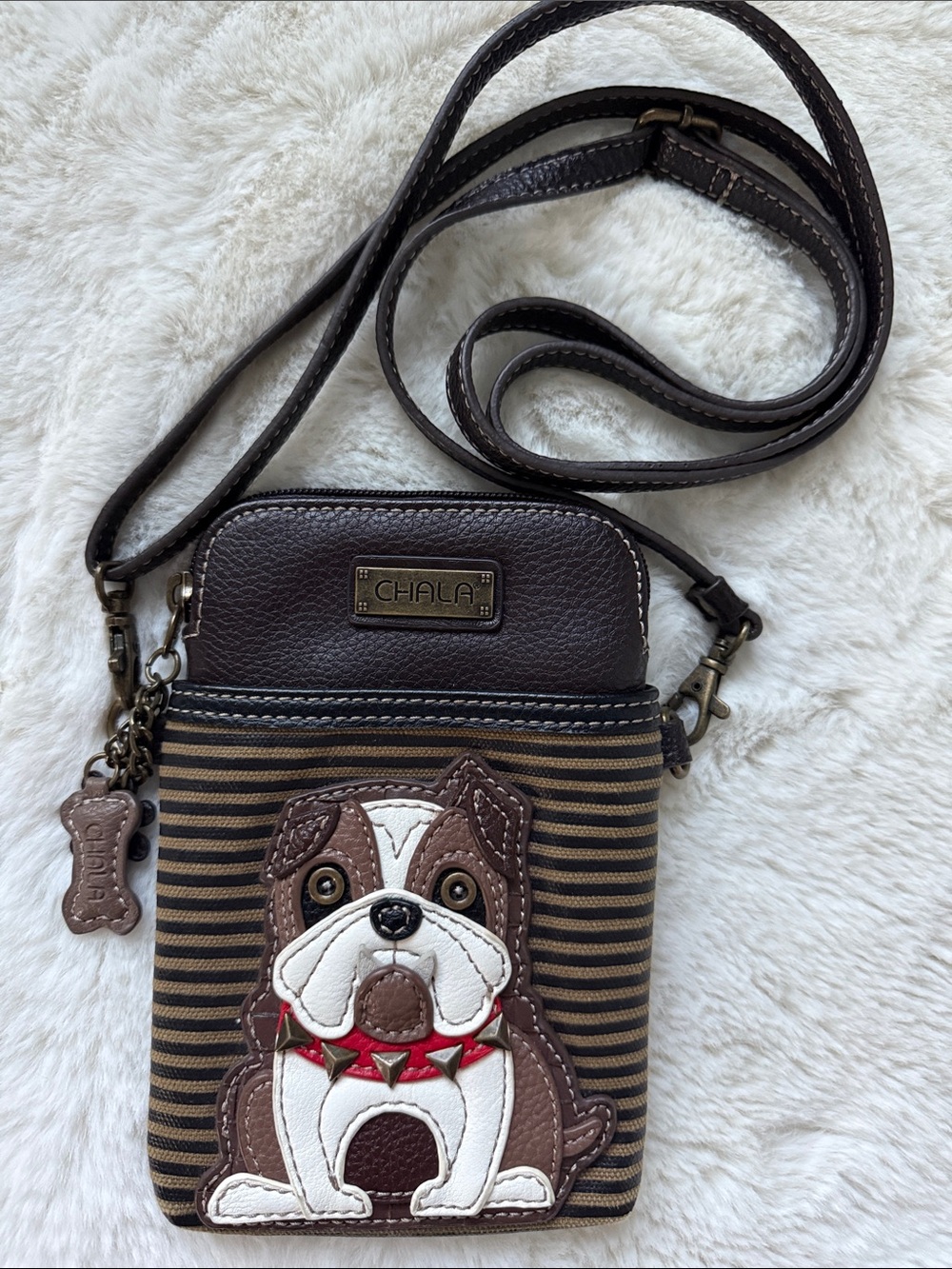 Chala Bulldog Brown Black Stripe Cell Phone Crossbody Wristlet Purse Bag
